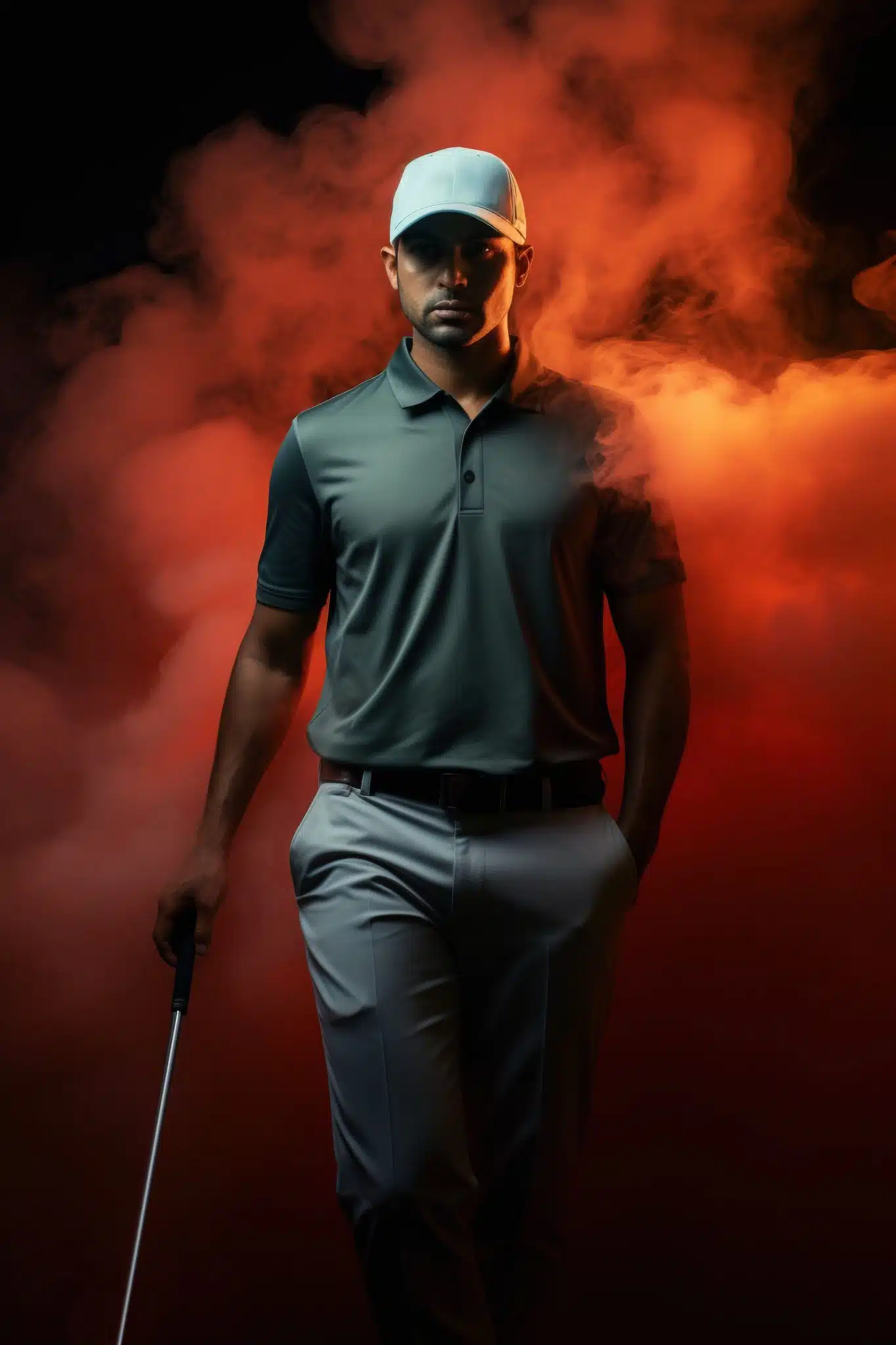 Golfer walking through smoke with club